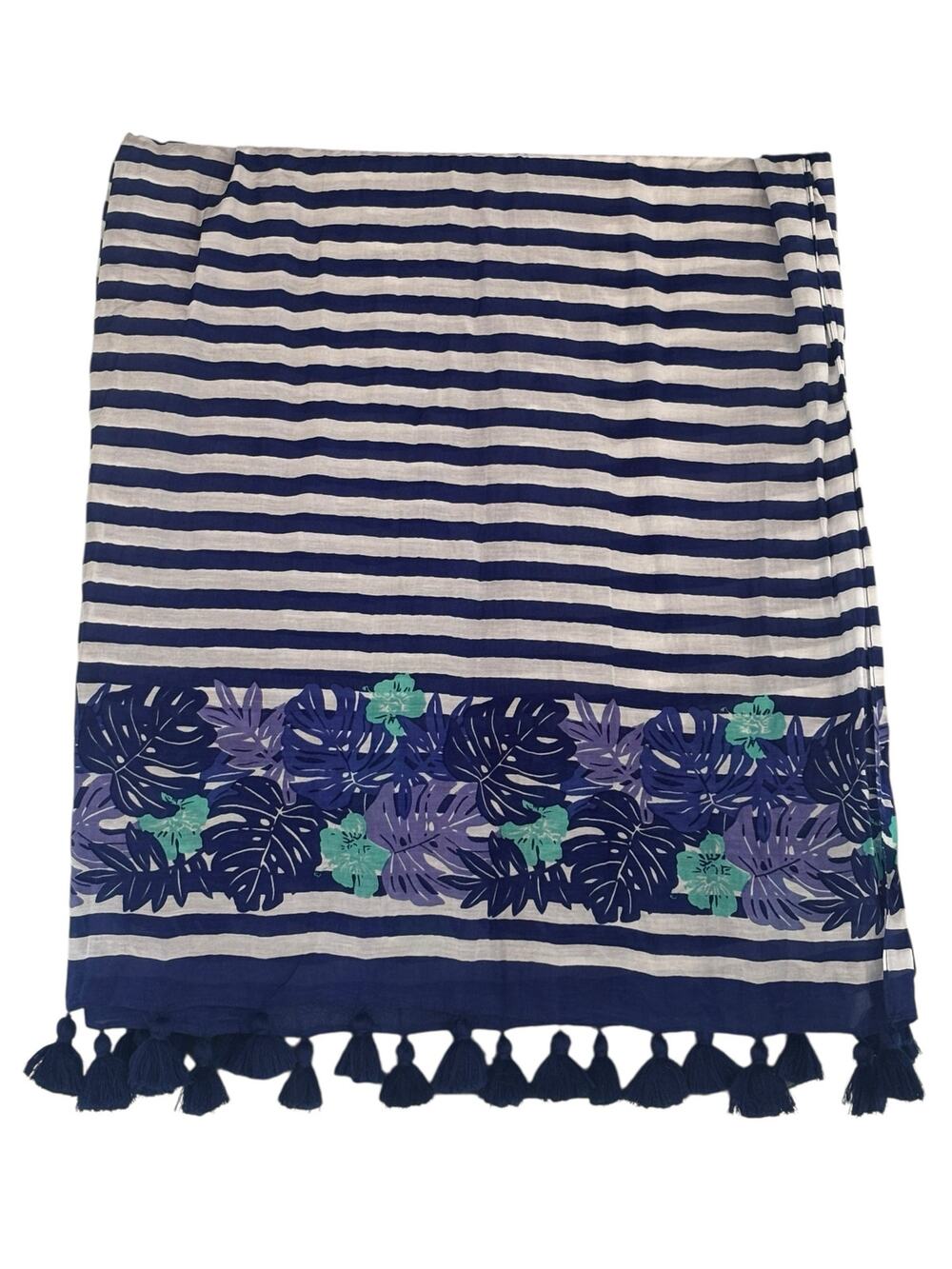Vineyard Vines Blue & White Striped Floral Summer Scarf Tassels Lightweight
